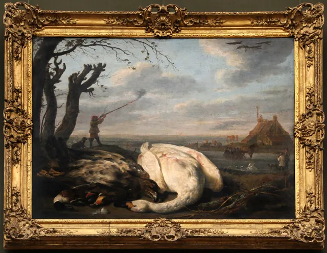 Winter landscape with dead birds and hunters