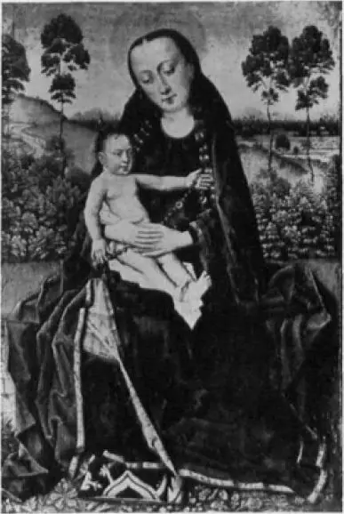 Maria met kind zittend ten voeten uit voor een landschap, by Aelbrecht Bouts