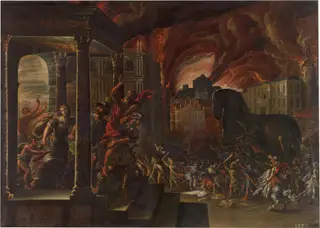 Aeneas and his family fleeing the burning city of Troy, with the Trojan horse in the background