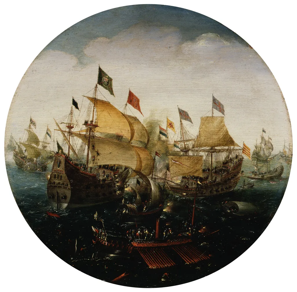 Sea Battle between Dutch and Spanish Ships, by Aert Anthoniszoon, paint, 1604