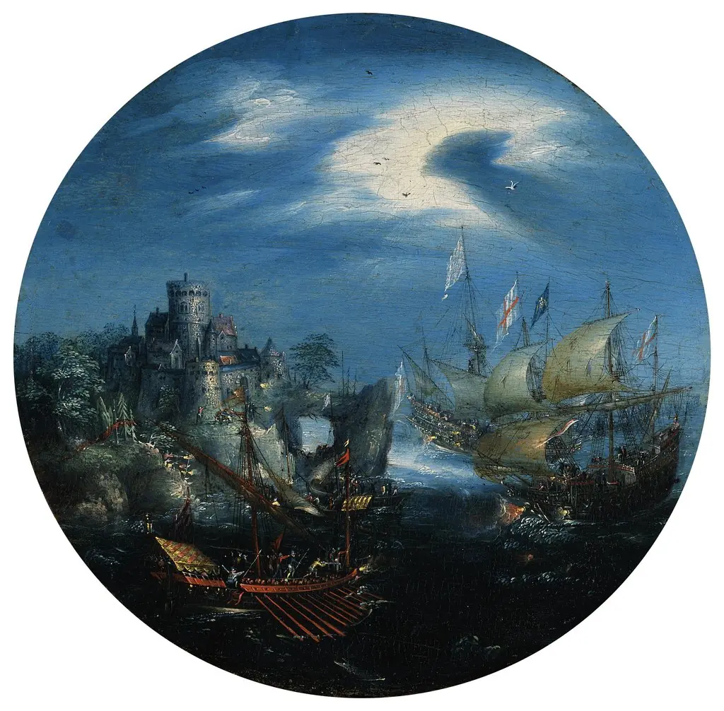 Seegefecht vor felsiger Küste, by Aert Anthoniszoon