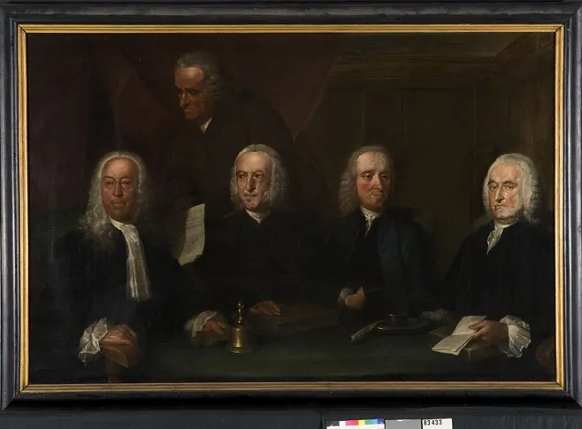 Four regents and the pater of the House of Corrections in Middelburg, 1764, by Aert Schouman, oil, 1764