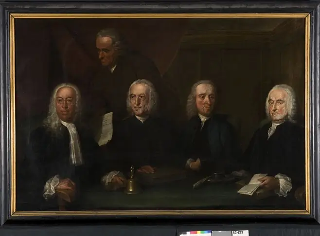 Four regents and the pater of the House of Corrections in Middelburg, 1764, by Aert Schouman