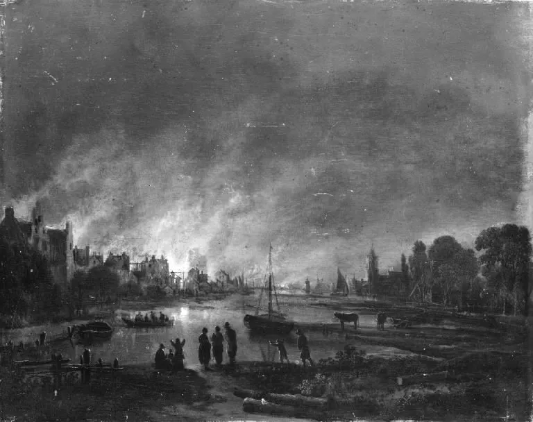 Fire at a Village by Night, by Aert van der Neer, unspecified, 1647