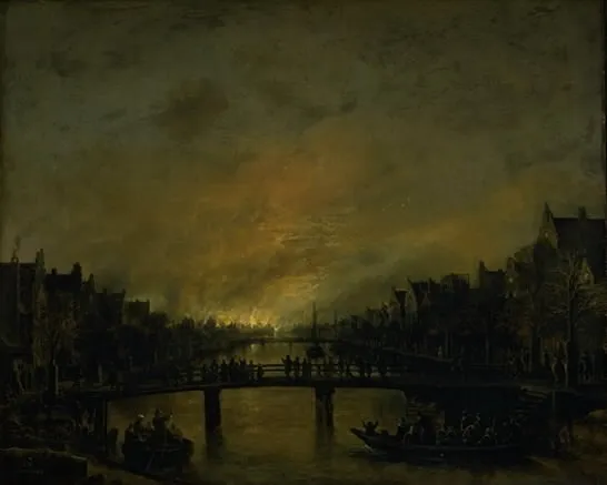 Fire at Amsterdam by Night, by Aert van der Neer, oil, 1647