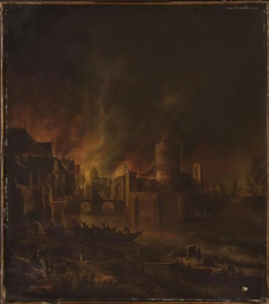 Fire at Night, by Aert van der Neer, oil, 1675
