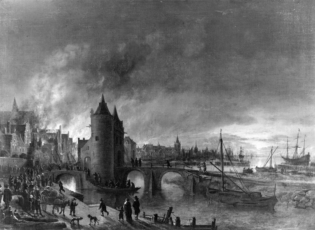 Fire in a Dutch city, by Aert van der Neer, paint, 1653