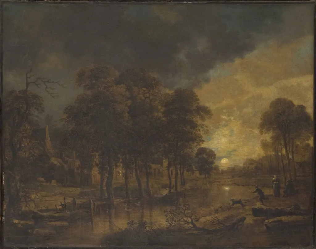 Landscape with a Brook and a Village in Moonlight, by Aert van der Neer, oil, 1650