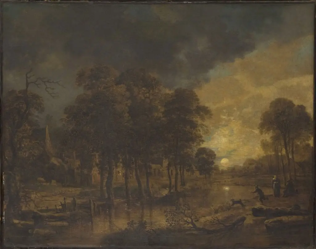 Landscape with a Brook and a Village in Moonlight, by Aert van der Neer