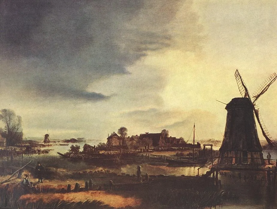 Landscape with a Windmill, by Aert van der Neer, oil, 1646