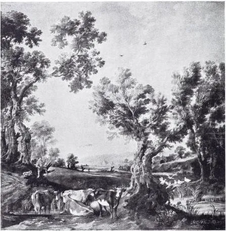 Landscape with Four Cows (Cattle and Ducks), by Aert van der Neer, oil, 1635