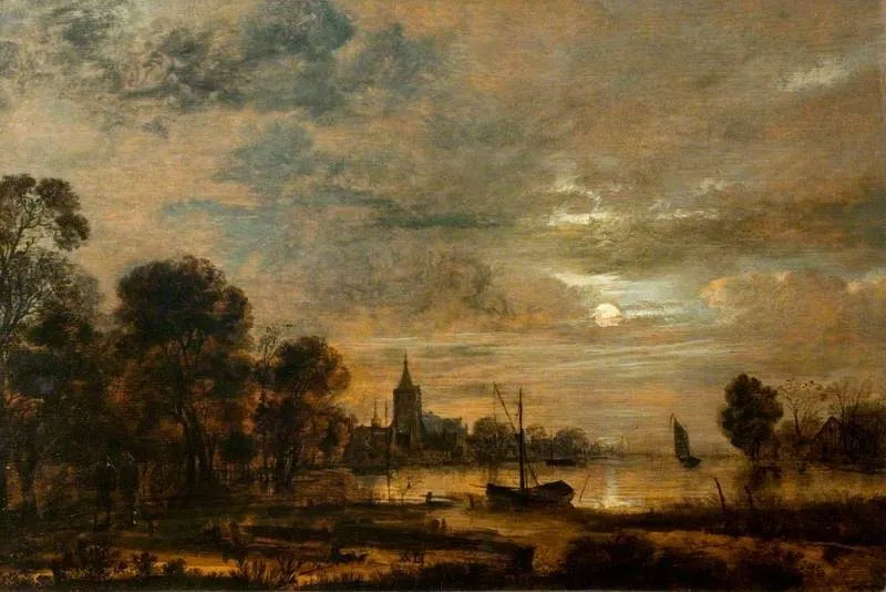 Moonlight and River Scene, by Aert van der Neer, oil, 1665