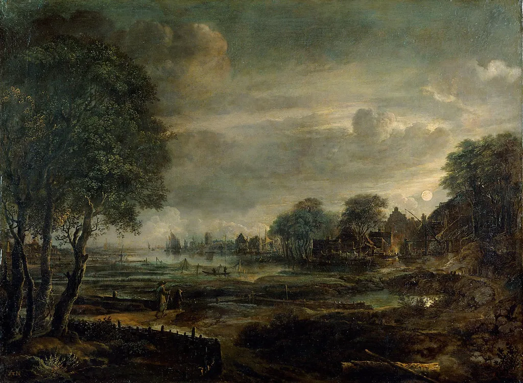 Moonlight Landscape with village, by Aert van der Neer, unspecified, 1650