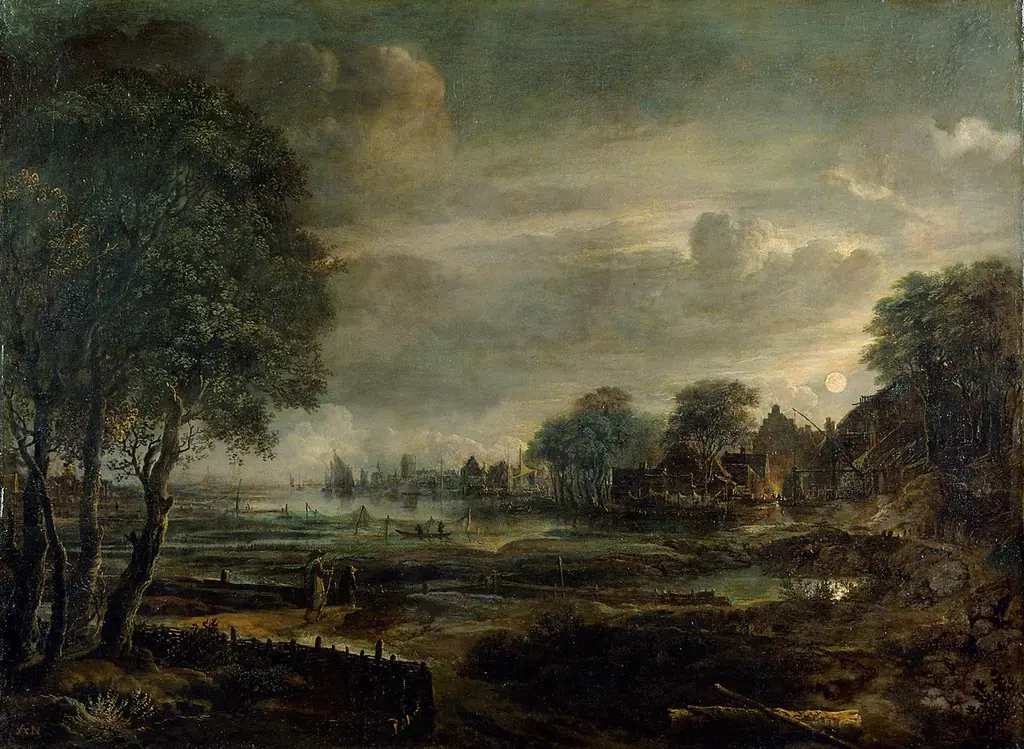 Moonlight Landscape with village, by Aert van der Neer