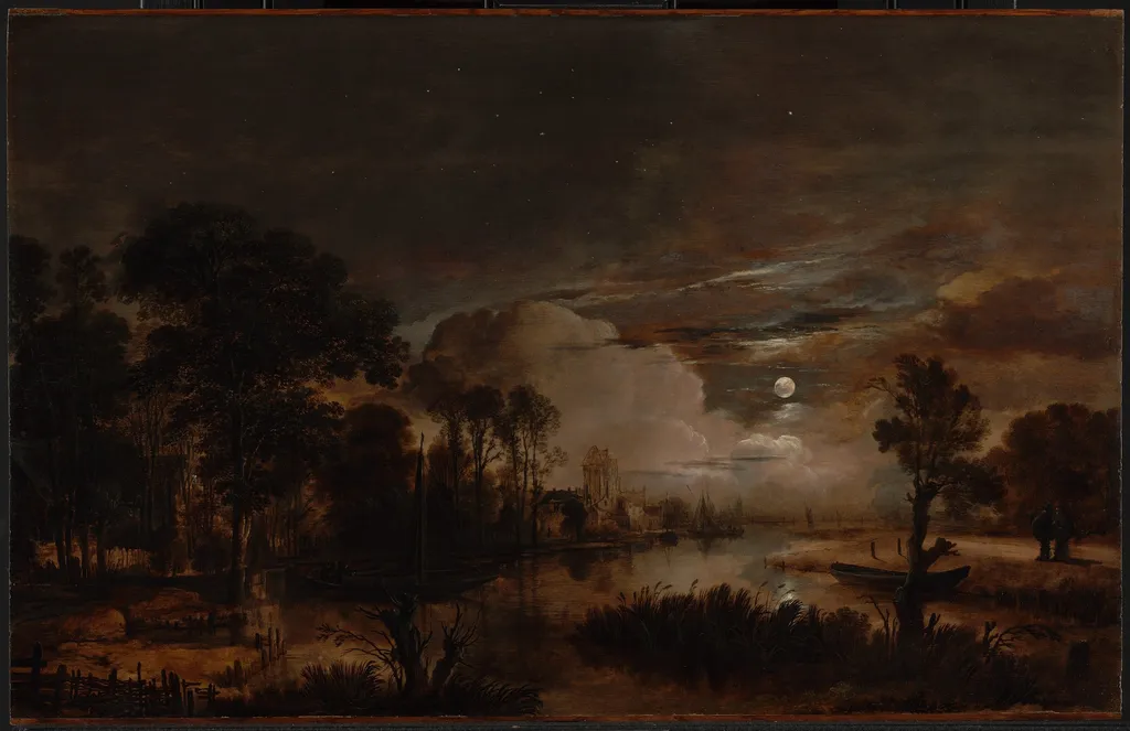 Moonlit Landscape with a View of the New Amstel River and Castle Kostverloren, by Aert van der Neer, oil, 1647
