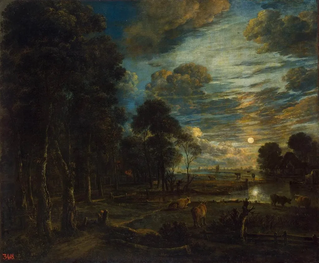 Night Landscape, by Aert van der Neer, oil, 1650