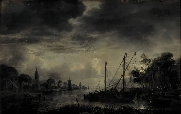 River Landscape in Moonlight, by Aert van der Neer, oil, 1645