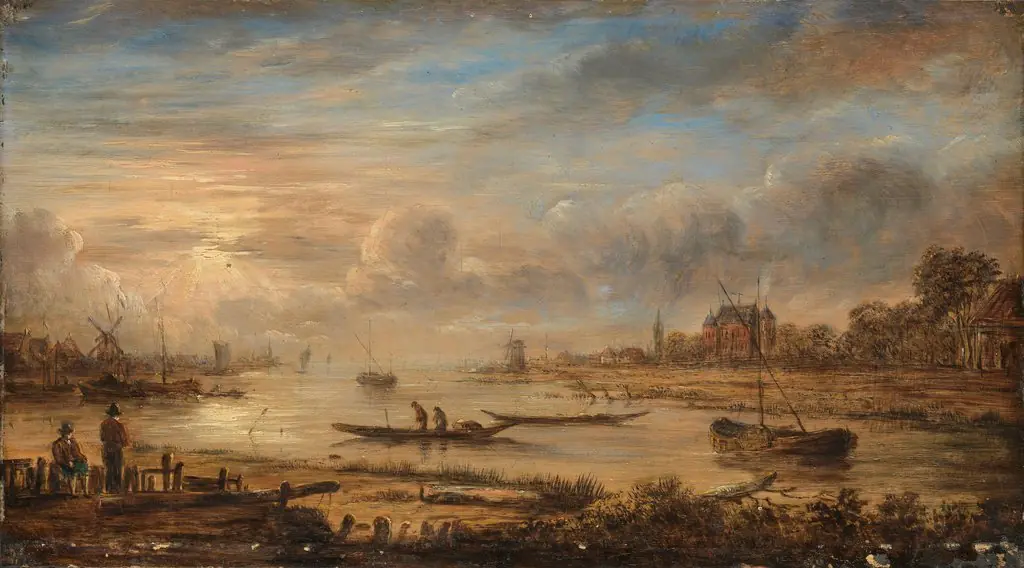 River view at sunrise, by Aert van der Neer