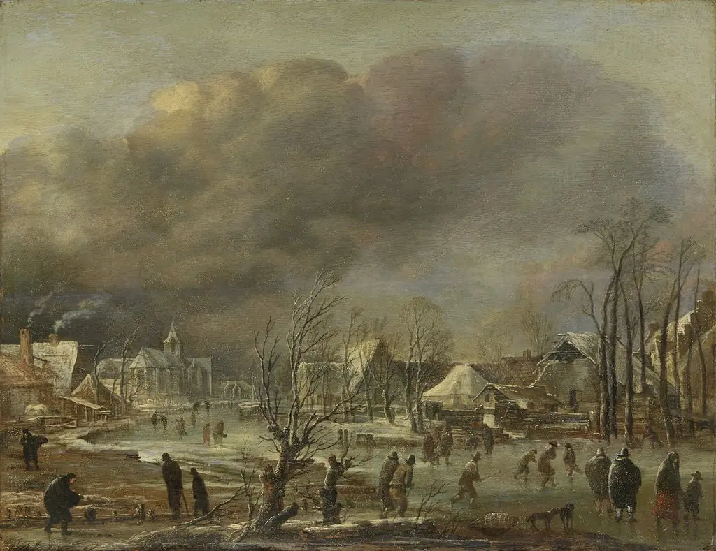 Snowfall on a village beside a frozen canal, by Aert van der Neer