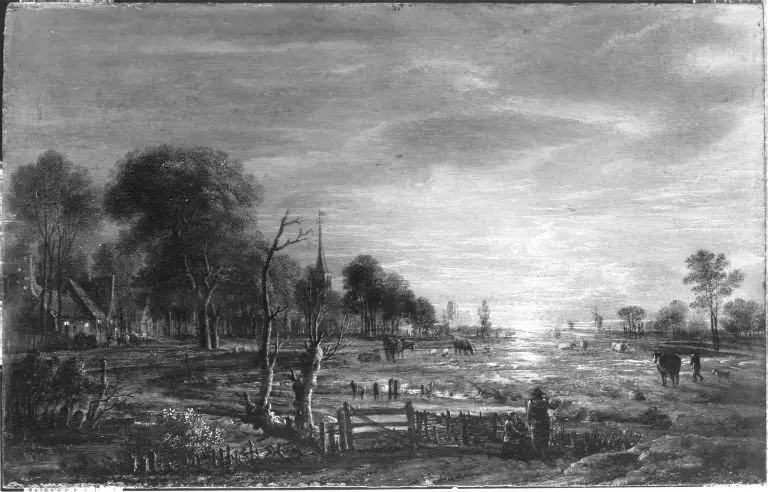 Sunset over a cattle meadow, by Aert van der Neer, 1650