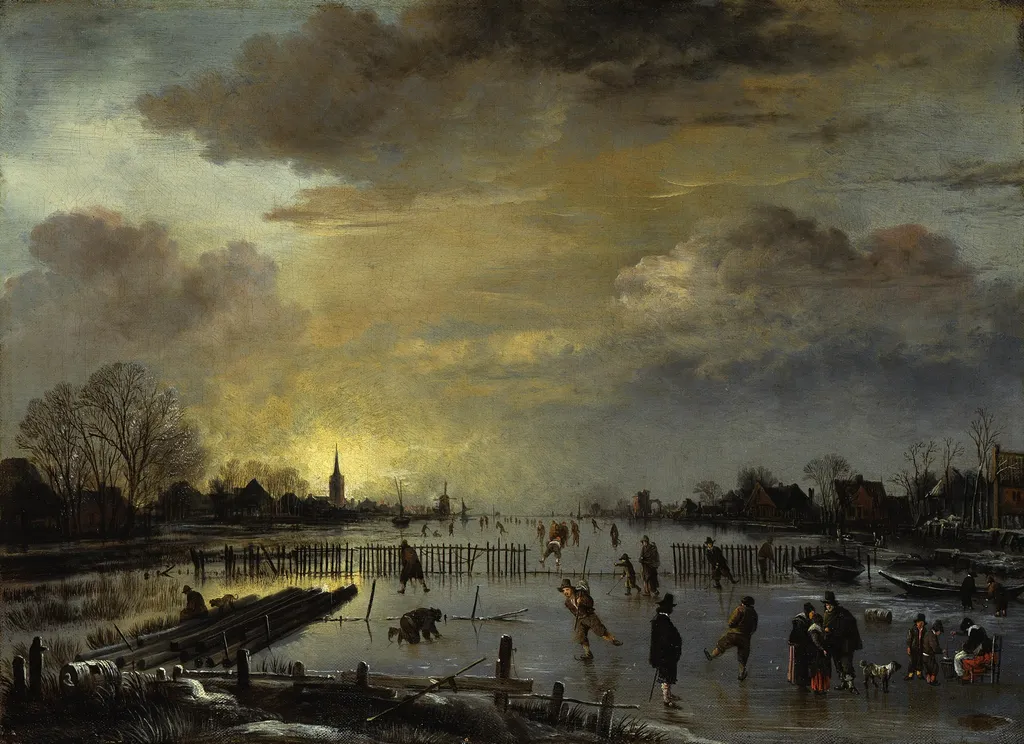 Winter landscape at sunset, by Aert van der Neer, oil, 1655