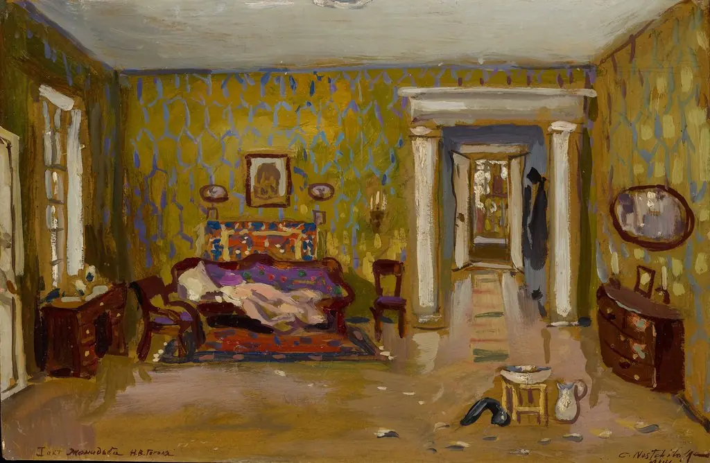 Interior for Nikolai Gogol's Play Marriage, by Constantin Westchiloff, oil, 1944