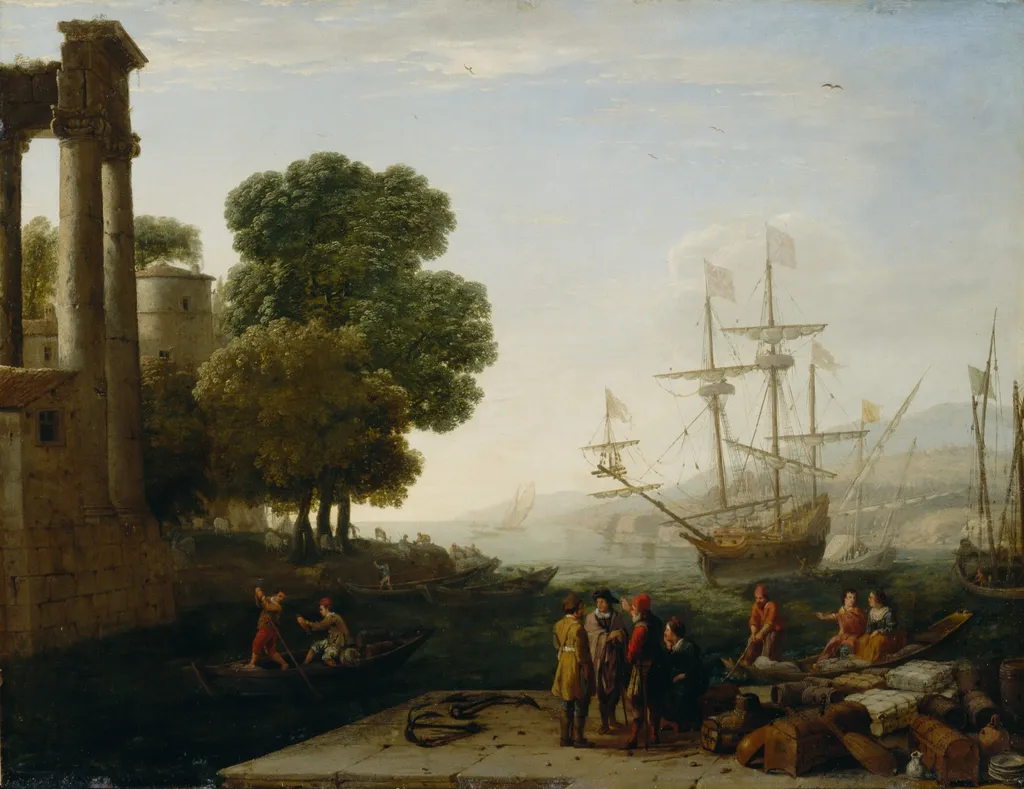 A Seaport at Sunset, by Claude Lorrain, unspecified, 1643