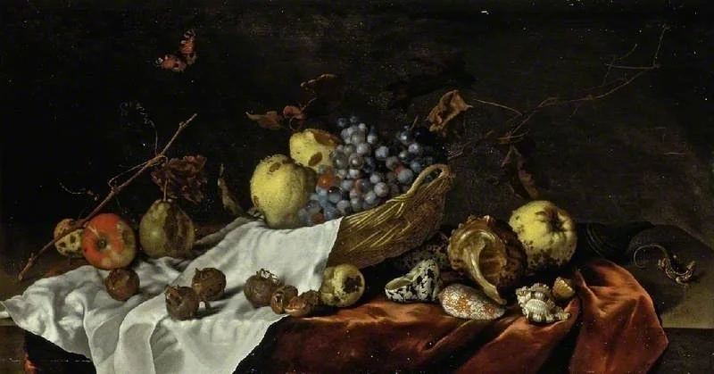 Wicker basket with fruit, medlars and shells, detail