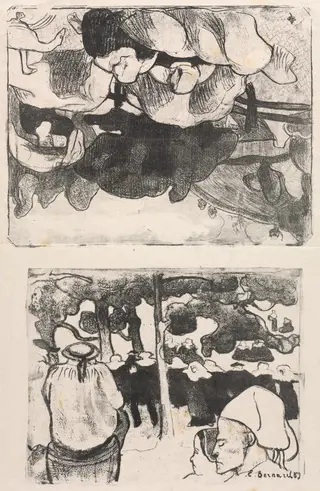 Les Bretonneries: Breton Women Making Haystacks (Bretonnes Faisant les Foins) and Wedding in Brittany (La Noce en Bretange), by Émile Bernard, 1889