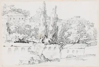 Walls of Rome with Santa Maria del Popolo in the Distance, by Joseph-Marie Vien, graphite, 1747