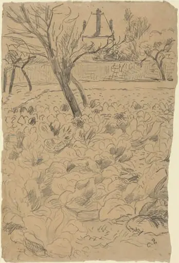 a) The Cabbage Field (Le Champ de choux); b) The Cabbage Field (Le Champ de choux), by Camille Pissarro, graphite, 1880