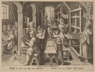 Impressio Liborum (Printing Books), by Philip Galle, ink, 1592