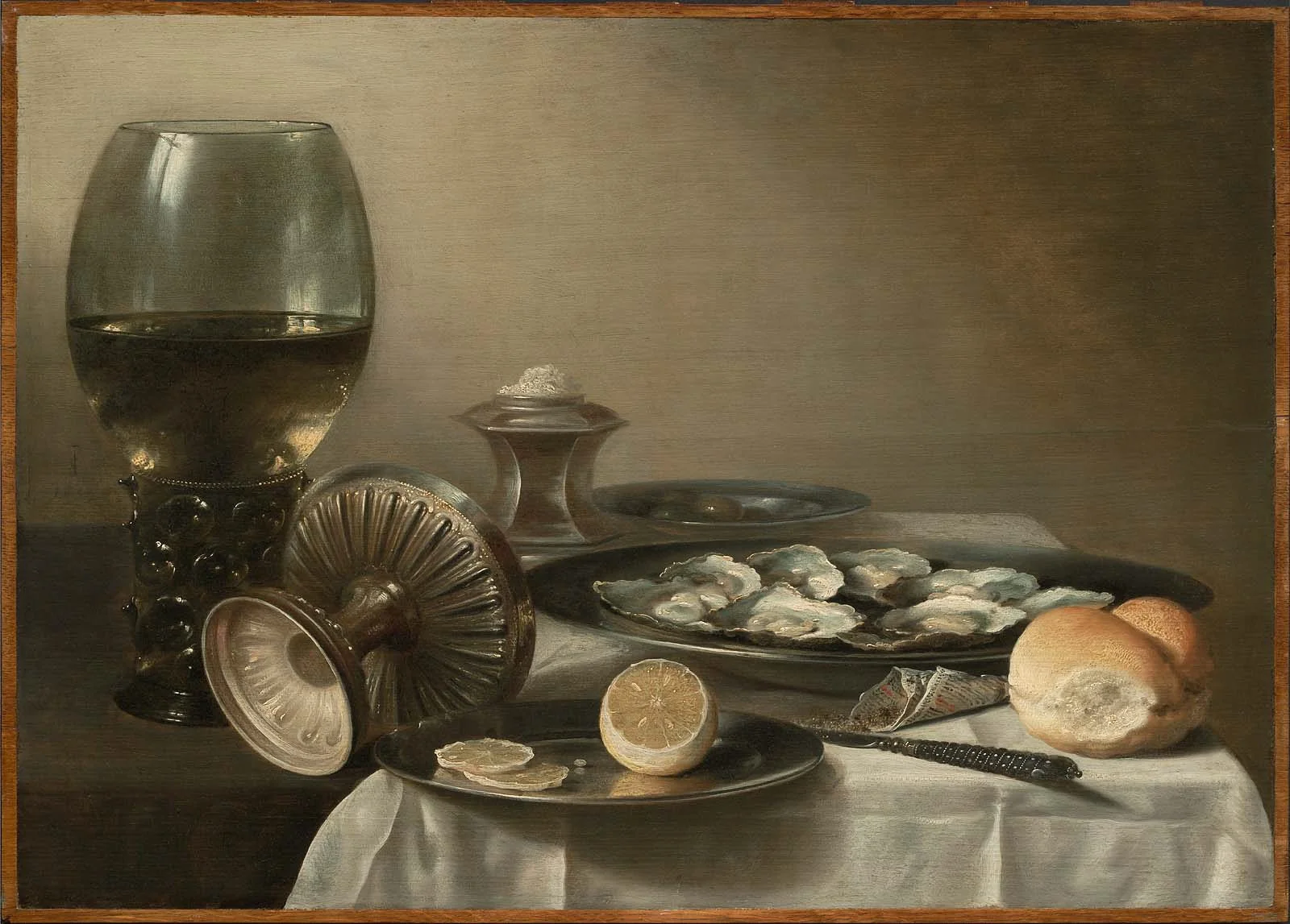 Still Life with Wine Goblet and Oysters, detail