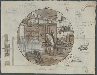 Lithographic Workshop, by Jean Charles Develly, ink, 1826