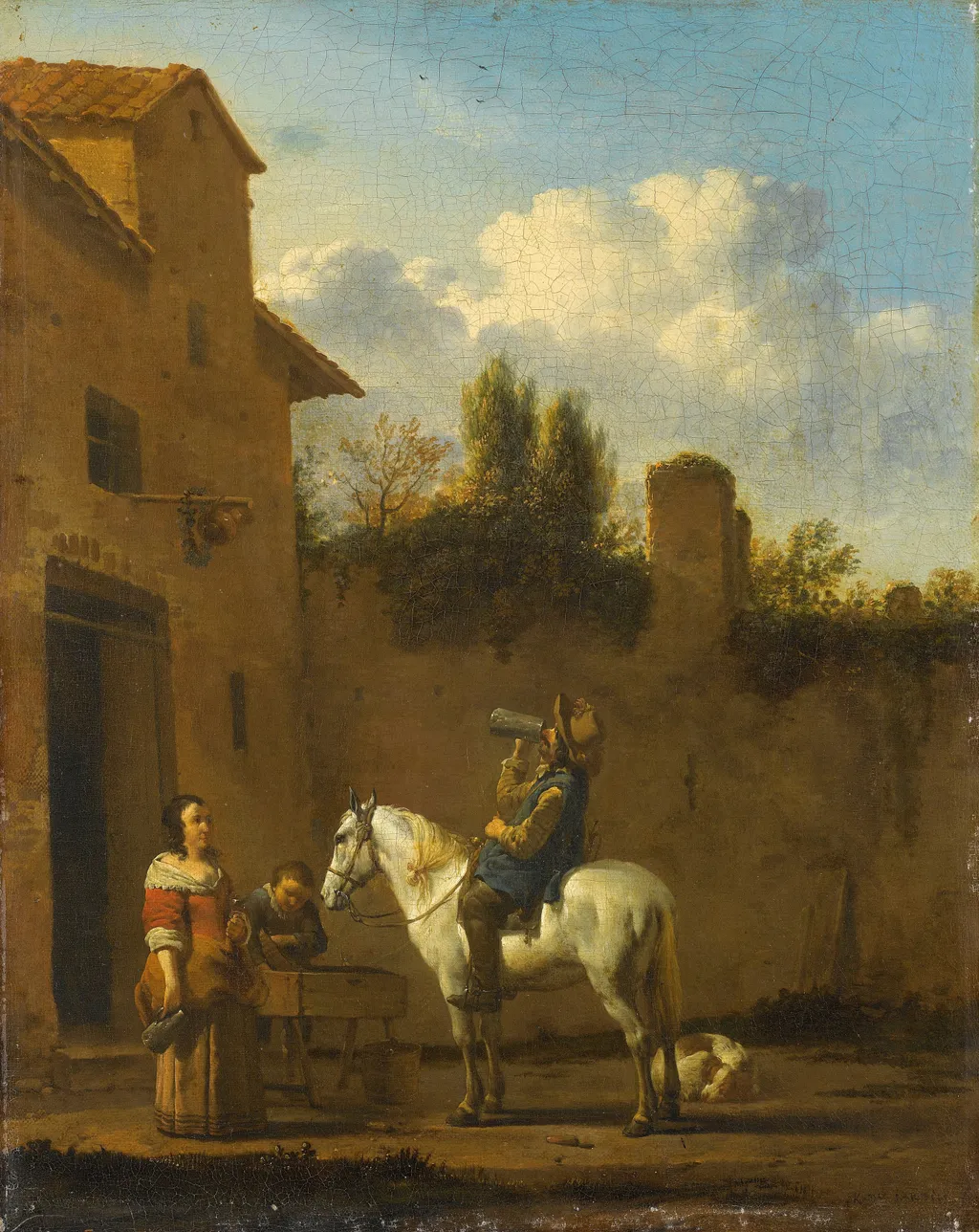 Mounted trumpeter taking a drink, by Karel Dujardin, oil, 1650