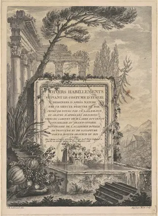 Architectural Fantasy of Roman Ruins with an Inscription Plaque, by Rose Angélique Moitte, ink, 1768