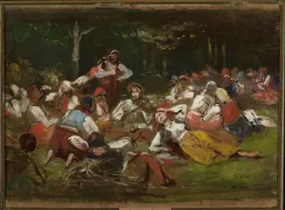 Sketch for “Harvesters resting”, by Wincenty Wodzinowski, oil, 1897