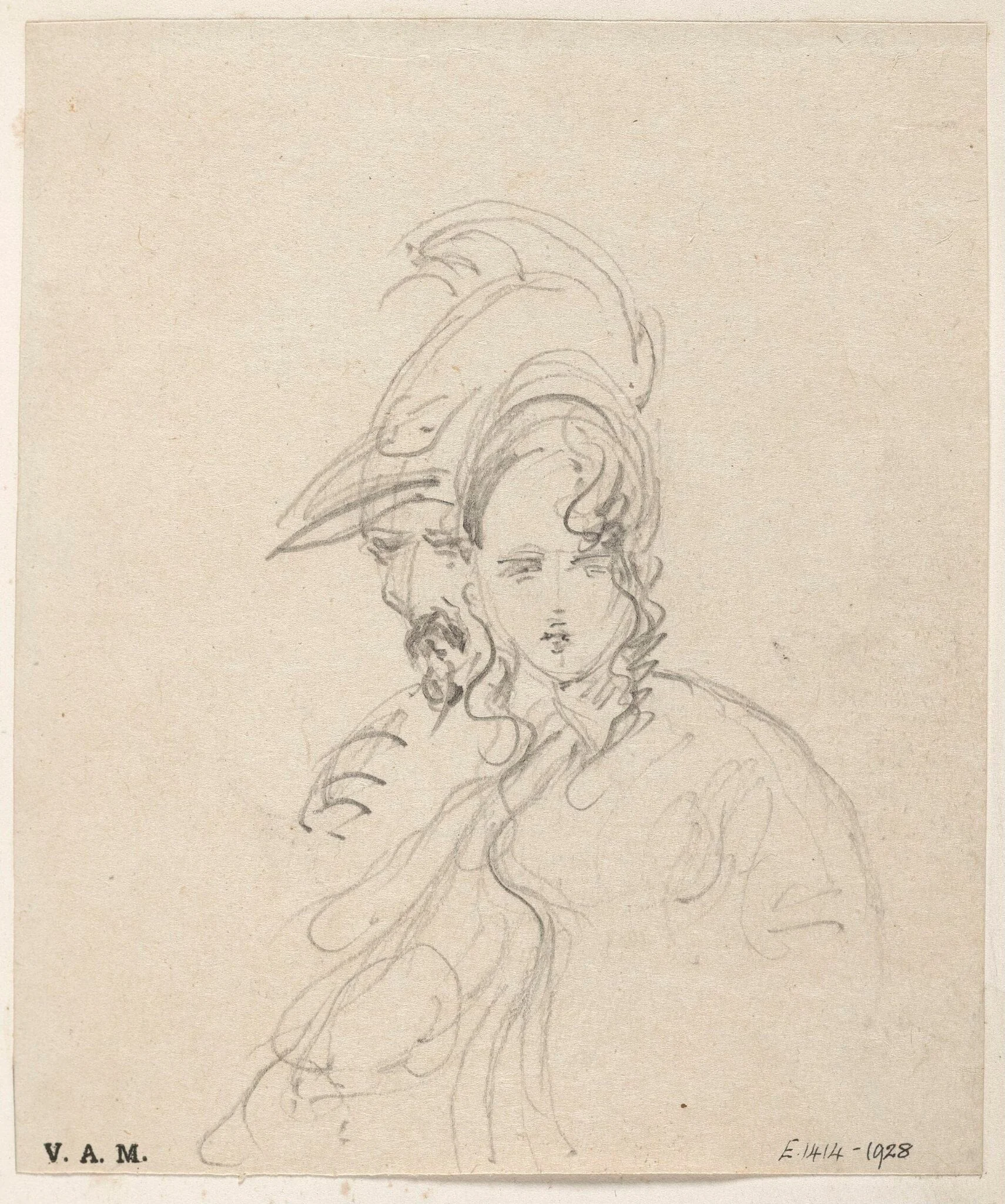 A Western woman and a bearded man in a helmet, detail