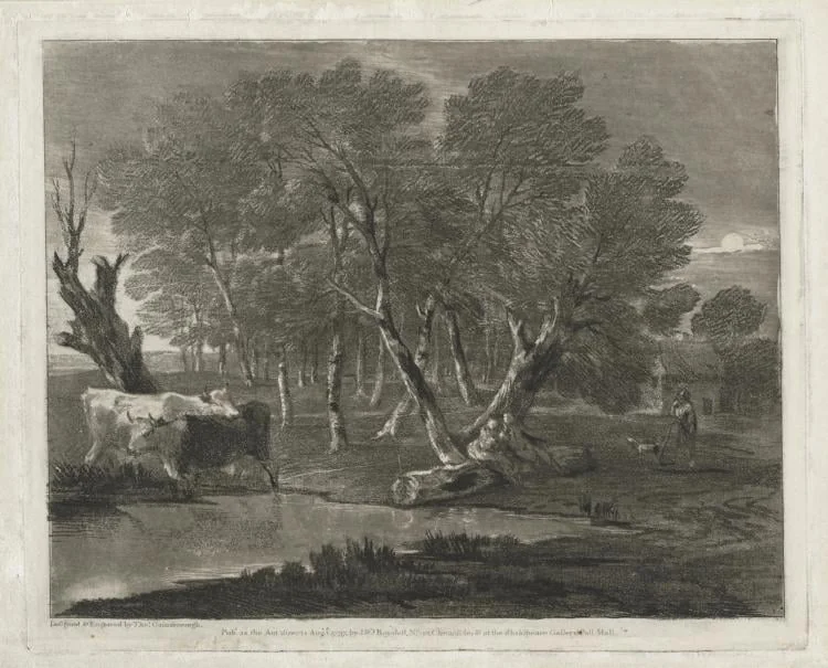 Wooded Landscape with Cows beside a Pool, Figures and Cottage, detail