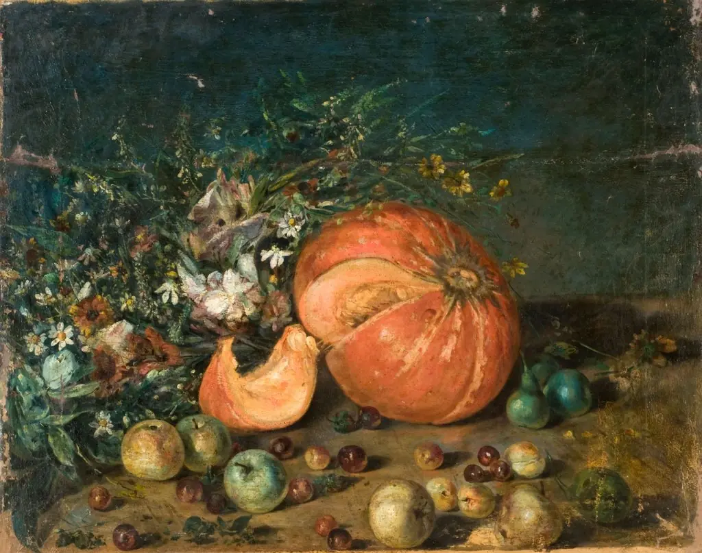 Still life (pumpkins and fruit), by Martín Boneo, oil, 1850