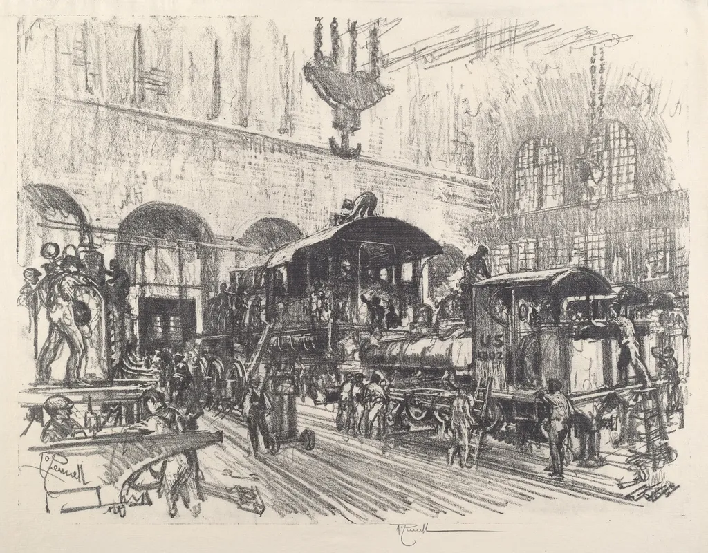 Making War Locomotives, by Joseph Pennell, ink, 1917