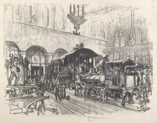 Making War Locomotives, by Joseph Pennell, ink, 1917