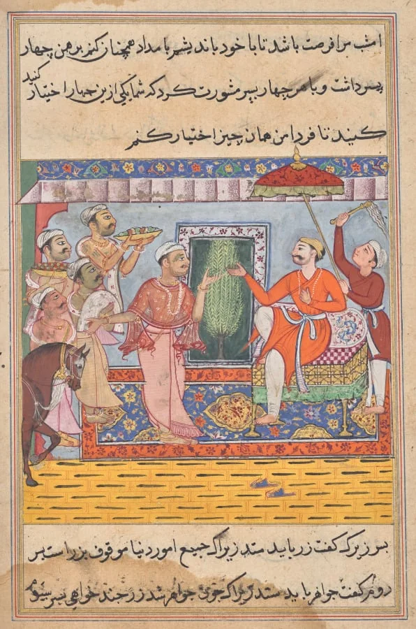 The Brahman, unable to select from the four gifts of the king of the Ocean seeks the Raja’s advice, from a Tuti-nama (Tales of a Parrot): Eleventh Night, detail