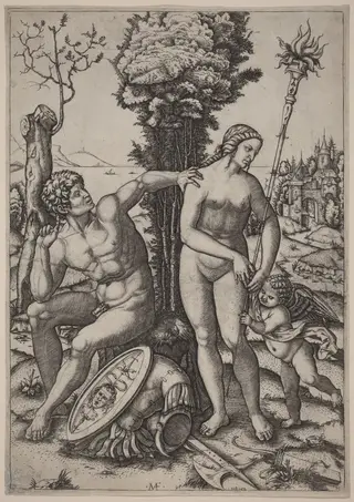 Mars, Venus, and Eros, by Marcantonio Raimondi, ink, 1508