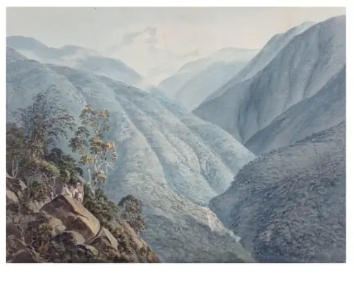 View from Murichon looking northward up the channel of the Teenchoo on the road to Tacissudon, Bhutan, by Samuel Davis, watercolor, 1794