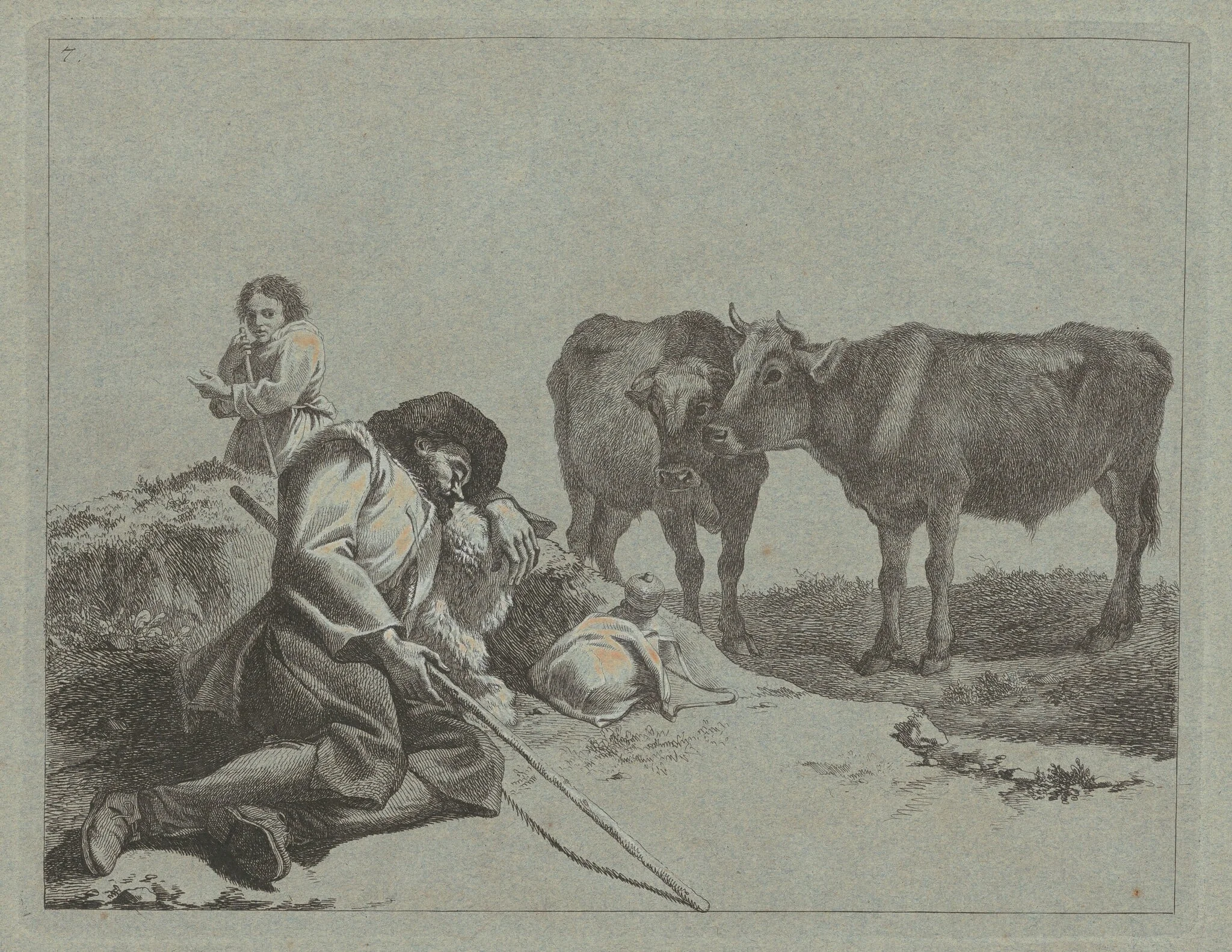 Sleeping Shepherd, Two Calves, and a Peasant Woman, detail