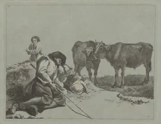 Sleeping Shepherd, Two Calves, and a Peasant Woman, by Francesco Londonio, ink, 1762