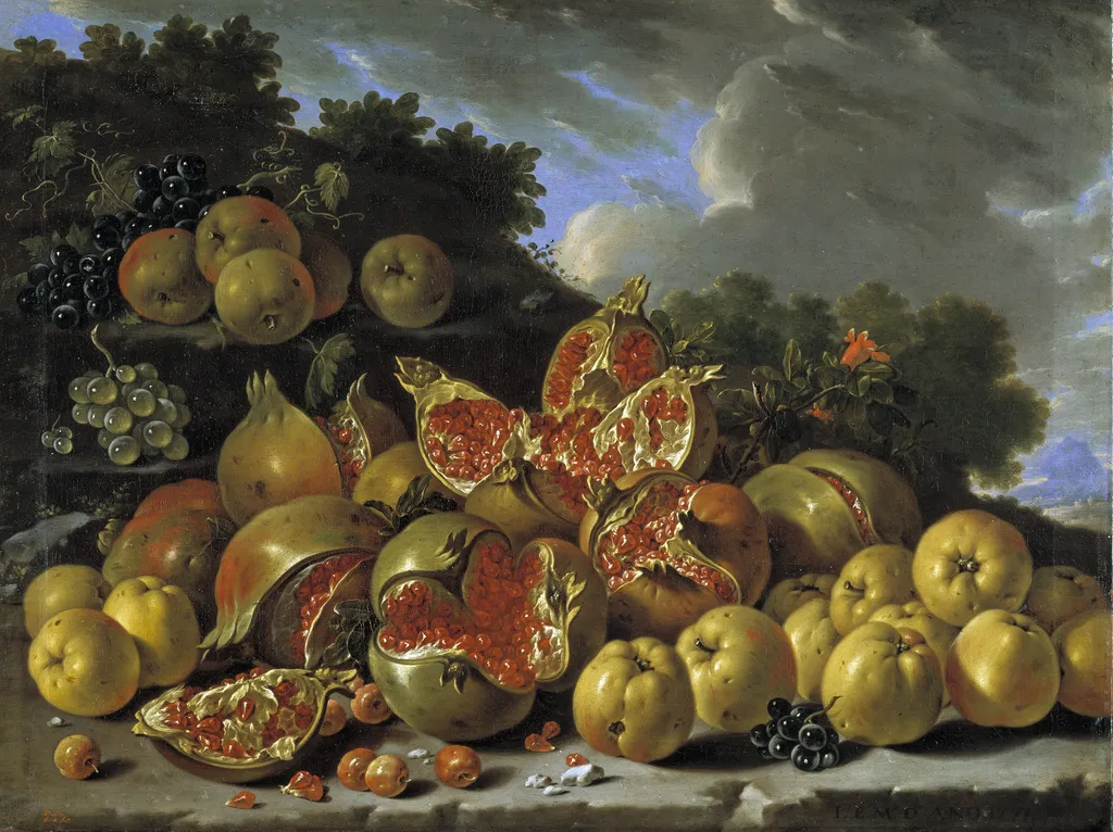Pomegranates, apples, haws and grapes in a landscape, by Luis Egidio Meléndez, oil, 1771
