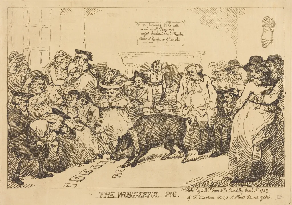 The Wonderful Pig, by Thomas Rowlandson, ink, 1785