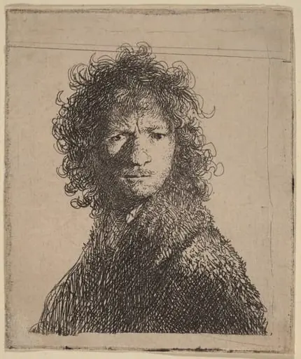 Self-Portrait, Frowning, by Rembrandt, ink, 1630